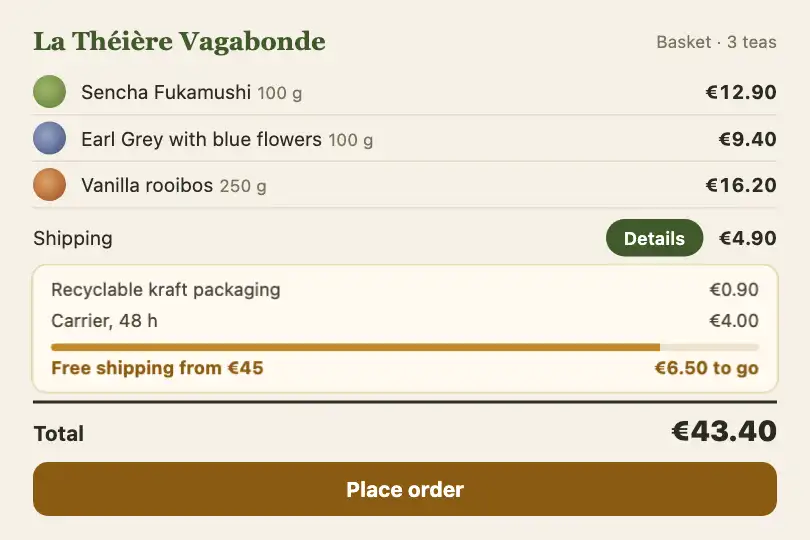 Shipping cost breakdown — a loose-leaf tea shop's basket — Morph Transition example 3