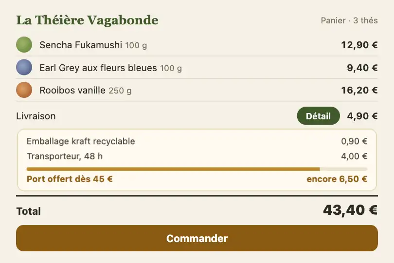 Détail des frais de port — panier d'une boutique de thé en vrac — Morph Transition exemple 3