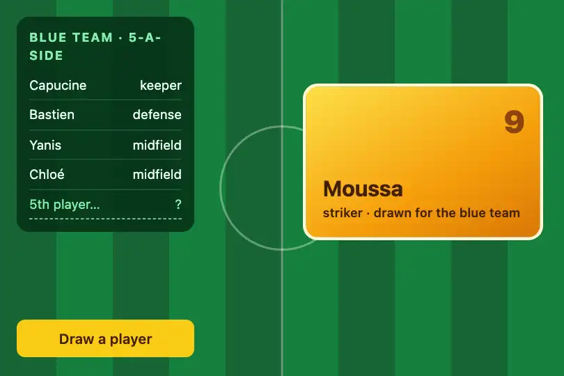 A randomly drawn player — a five-a-side team builder app — Flip Card Entry example 1
