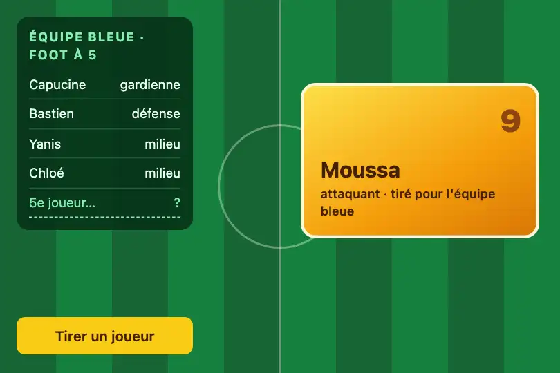 Joueur tiré au sort — appli de constitution d'équipes de foot à cinq — Flip Card Entry exemple 1