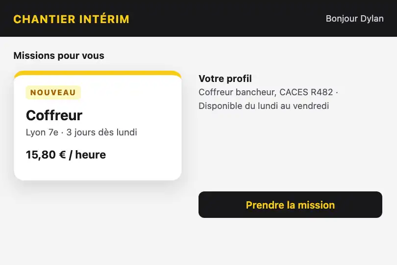 Nouvelle mission d'intérim — appli d'une agence spécialisée dans le BTP — Flip Card Entry exemple 2