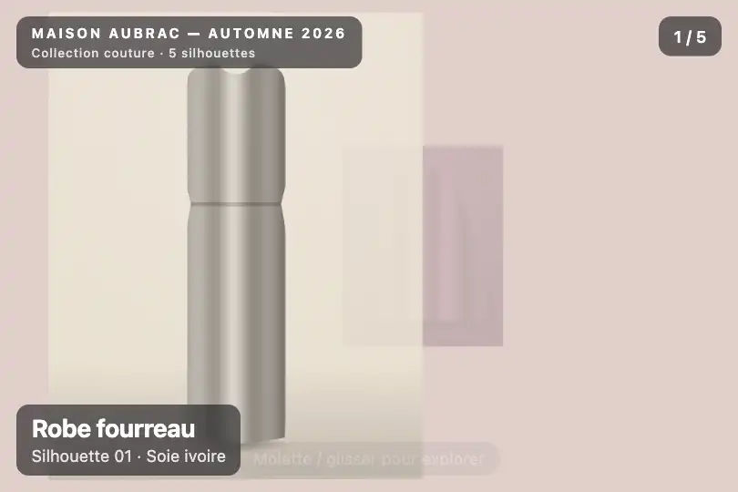Galerie de collection haute couture — chaque pièce dans sa lumière — 3D Depth Gallery exemple 1