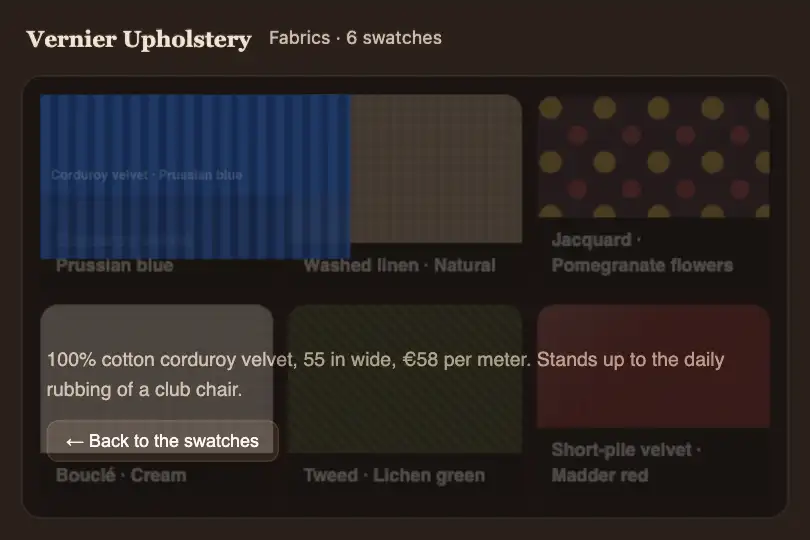 Swatch book to fabric page — an upholsterer's website — View Transitions Page Reveal example 1