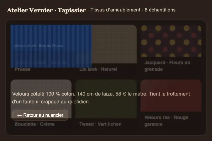 Nuancier vers fiche tissu — site d'un tapissier d'ameublement — View Transitions Page Reveal exemple 1