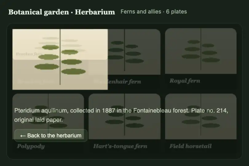 Digital herbarium to plant page — a botanical garden's website — View Transitions Page Reveal example 3