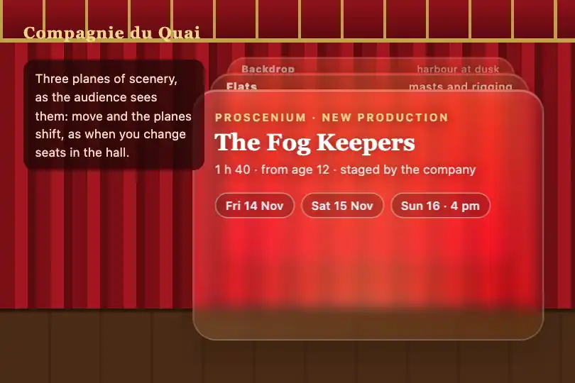 Backdrop, flats, proscenium — a theatre company's website — Glass Depth Stack example 2