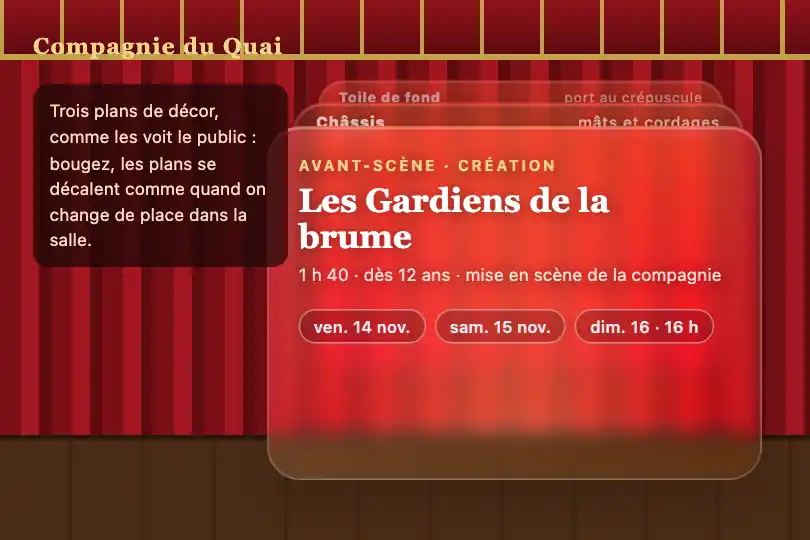 Toile de fond, châssis, avant-scène — site d'une compagnie de théâtre — Glass Depth Stack exemple 2