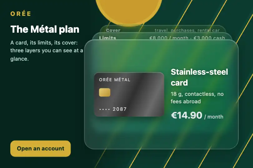 A metal payment card shown in relief — an online bank's offer page — Glass Depth Stack example 3