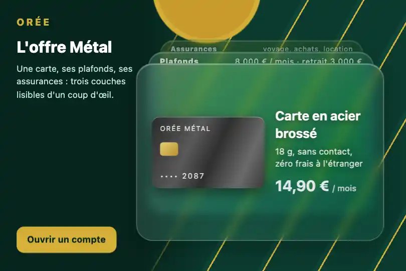 Carte de paiement en métal présentée en relief — page d'offre d'une banque en ligne — Glass Depth Stack exemple 3