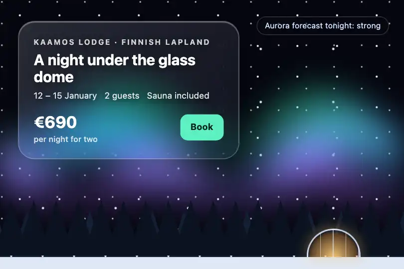 Booking a night in a glass cabin in Lapland — a Nordic travel agency's website — Frosted Aurora example 1