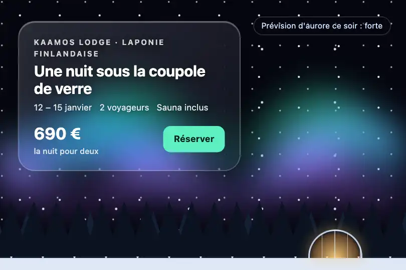 Réserver une nuit en cabane de verre en Laponie — site d'une agence de voyage nordique — Frosted Aurora exemple 1