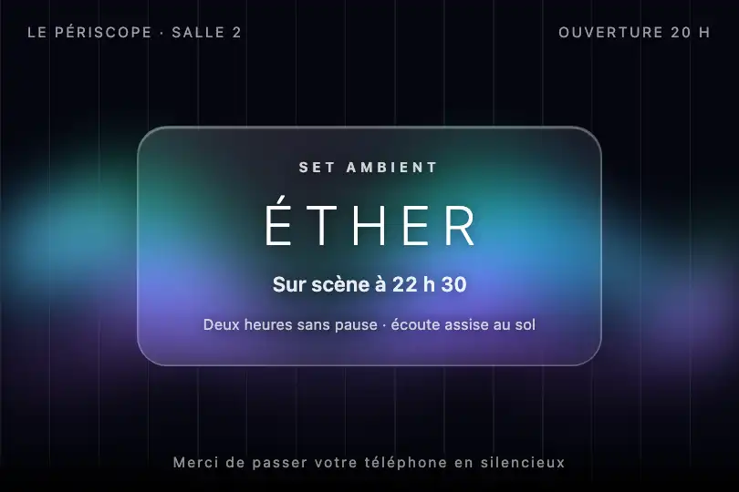 Écran d'attente avant le set d'un DJ ambient — salle de concert — Frosted Aurora exemple 2