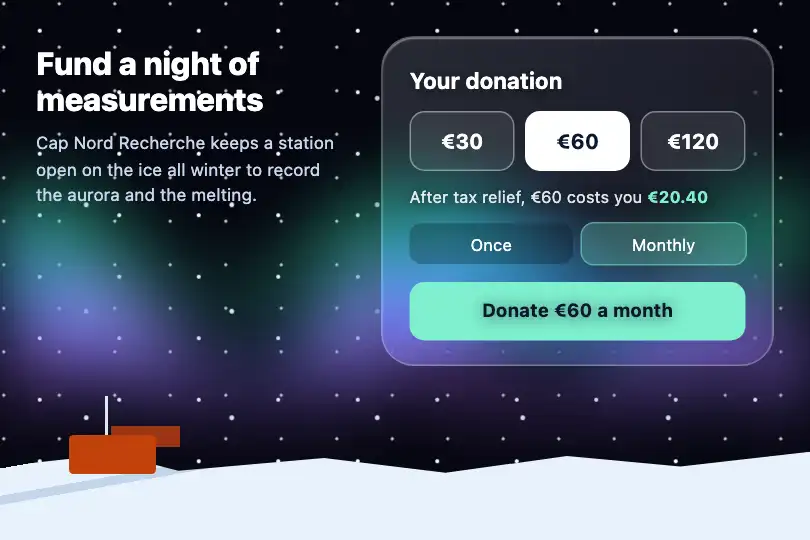 Donation page of a polar research association — Frosted Aurora example 3