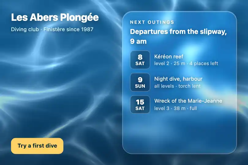 A diving center's home page — a club in Brittany — Glass Caustics (WebGL) example 2