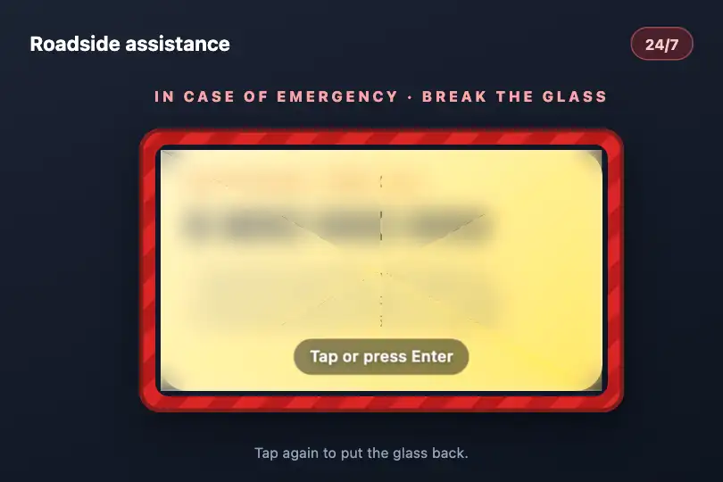 “Break glass in case of emergency”: the assistance number — a car insurance app — Glass Shatter Reveal example 1