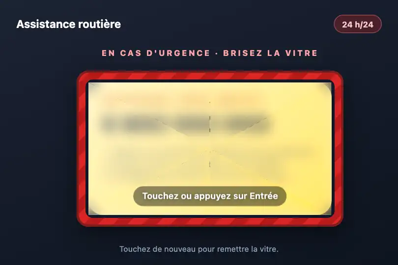 Bris de glace « en cas d'urgence » : le numéro d'assistance — appli d'assurance auto — Glass Shatter Reveal exemple 1