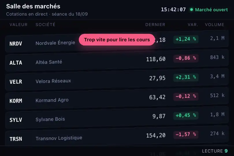 Fil de cotations d'une salle des marchés — le signal « trop vite » — Scroll Velocity Feedback exemple 2