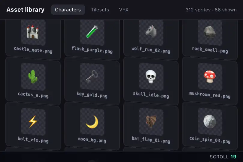 Sprite library of a game engine — thumbnails that flip past — Scroll Velocity Feedback example 3