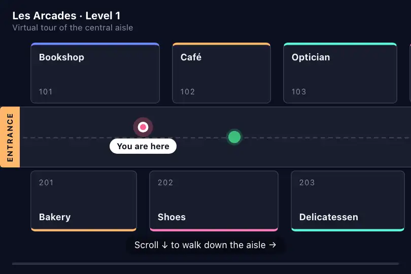 Virtual tour of a shopping centre — the floor plan moves under your feet — Sticky Horizontal Reveal example 2