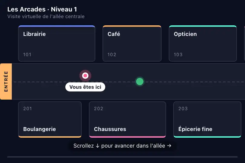 Visite virtuelle d'un centre commercial — le plan avance sous vos pas — Sticky Horizontal Reveal exemple 2