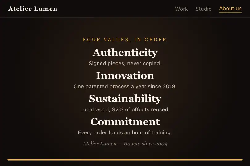 Brand manifesto as a sequence of values — a studio's “About us” page — Scroll Choreography Sequence example 1