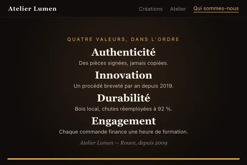 Manifeste de marque en séquence de valeurs — page « Qui sommes-nous » d'un atelier — Scroll Choreography Sequence exemple 1