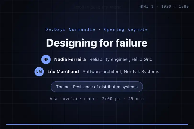 Opening titles of a projected conference — the host scrolls the screen — Scroll Choreography Sequence example 2