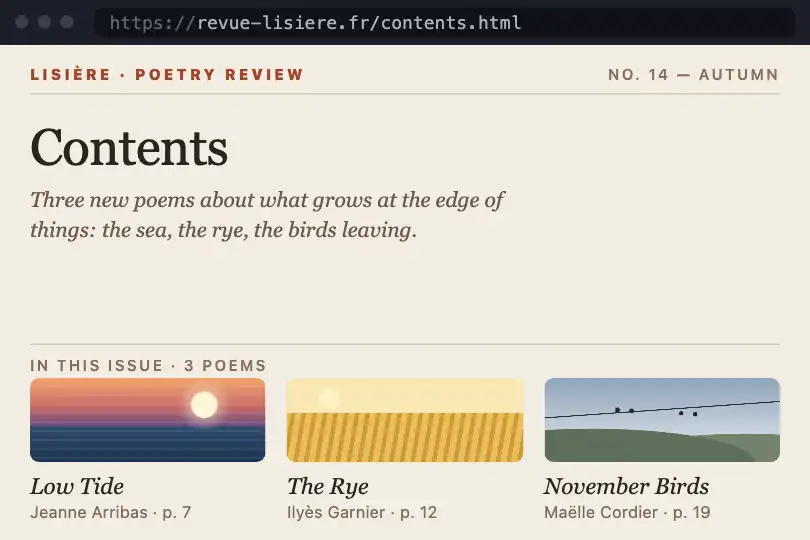 Contents to poem — static site of a poetry review — Cross-Document Page Morph example 1