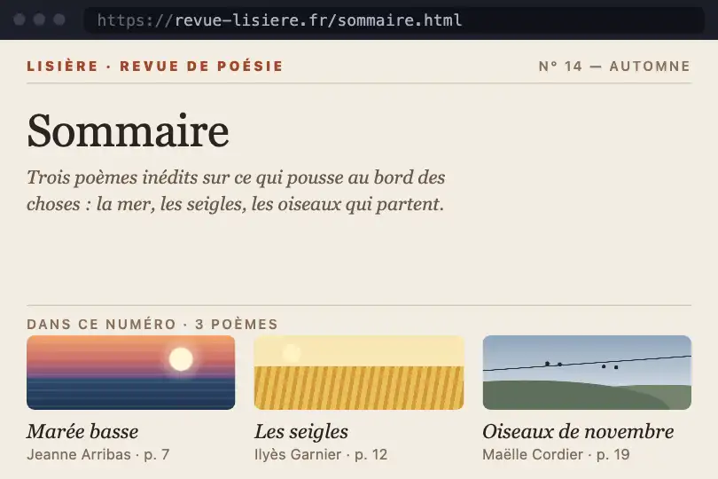 Sommaire vers poème — site statique d'une revue de poésie — Cross-Document Page Morph exemple 1