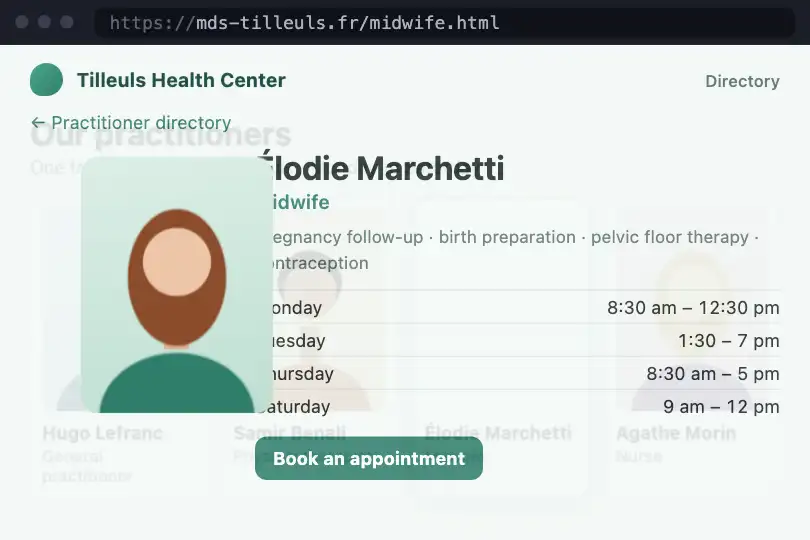 Practitioner directory to a midwife's page — health center website — Cross-Document Page Morph example 2
