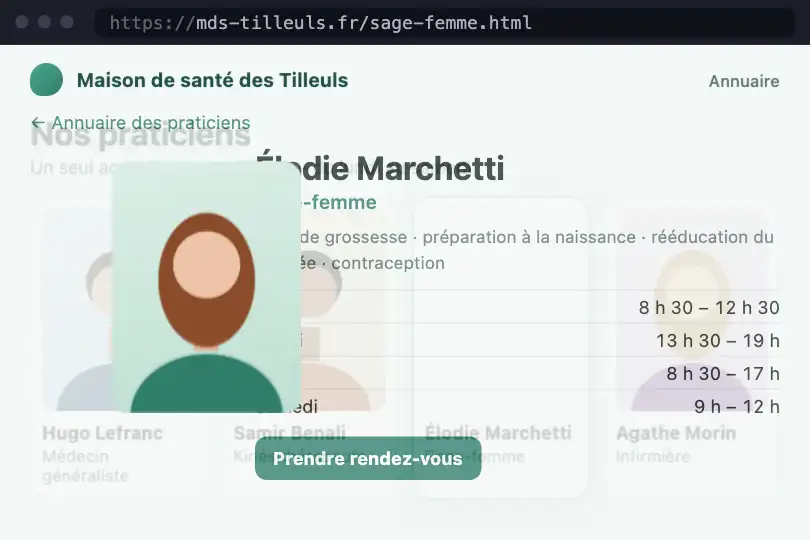 Annuaire des praticiens vers page d'une sage-femme — site d'une maison de santé — Cross-Document Page Morph exemple 2