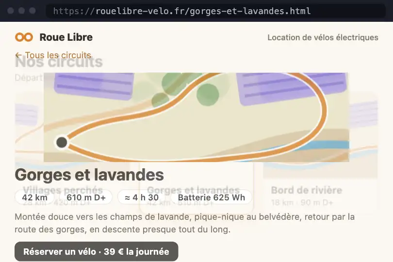 Liste des circuits vers page d'un circuit — site d'un loueur de vélos électriques — Cross-Document Page Morph exemple 3