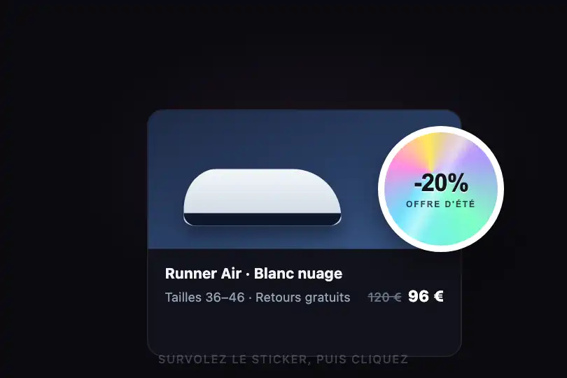 Pastille promo — coin d'une carte produit — Holographic Sticker Peel exemple 1