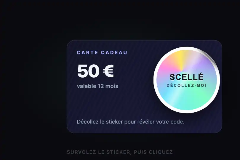 Décollez pour révéler — sceau sur une carte cadeau — Holographic Sticker Peel exemple 3