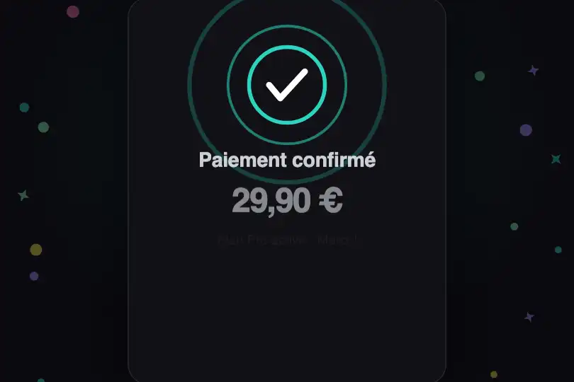 Hero / Landing — Modale de paiement confirmé — Success Celebration exemple 1