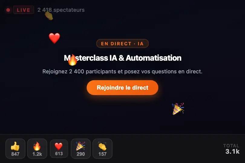 Hero / Landing — Page d'accueil d'un webinaire live — Reaction Burst exemple 1