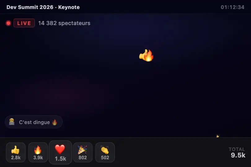 Mur de réactions live — keynote ou retransmission sportive — Reaction Burst exemple 3