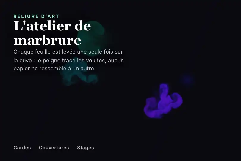 Papier marbré à la cuve — page d'un relieur d'art — WebGL Fluid Simulation exemple 1