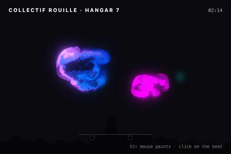 VJ-driven visuals — an electronic music collective's night in a disused warehouse — WebGL Fluid Simulation example 3