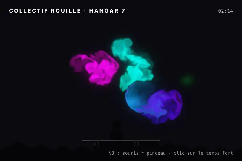 Visuels pilotés par le VJ — soirée d'un collectif électro dans une friche — WebGL Fluid Simulation exemple 3